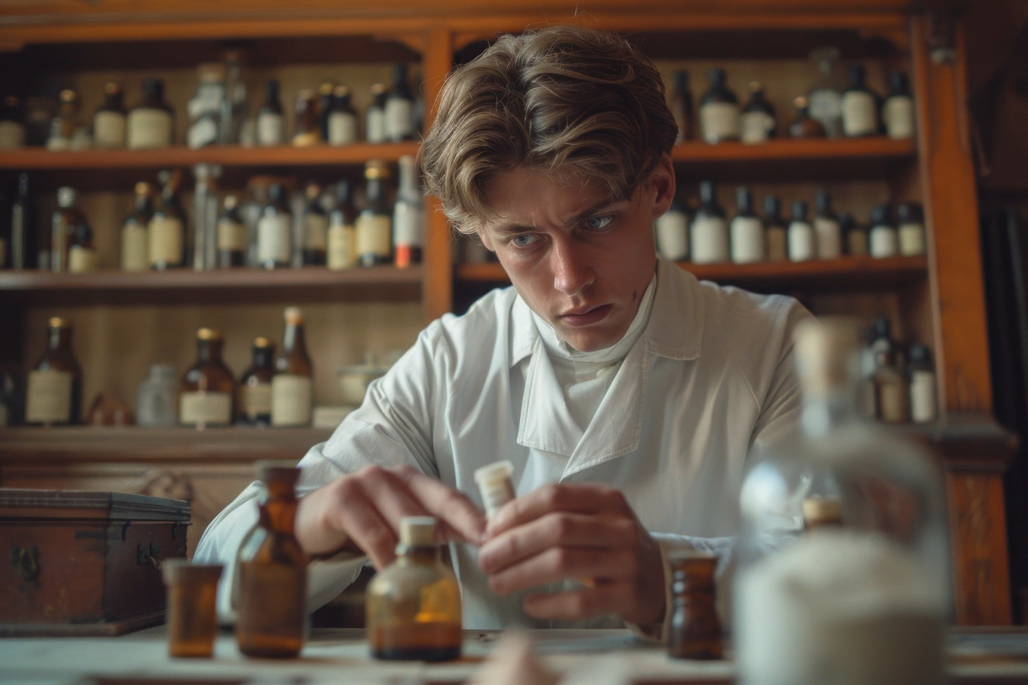 Perfume designer at work in a pharmacy 