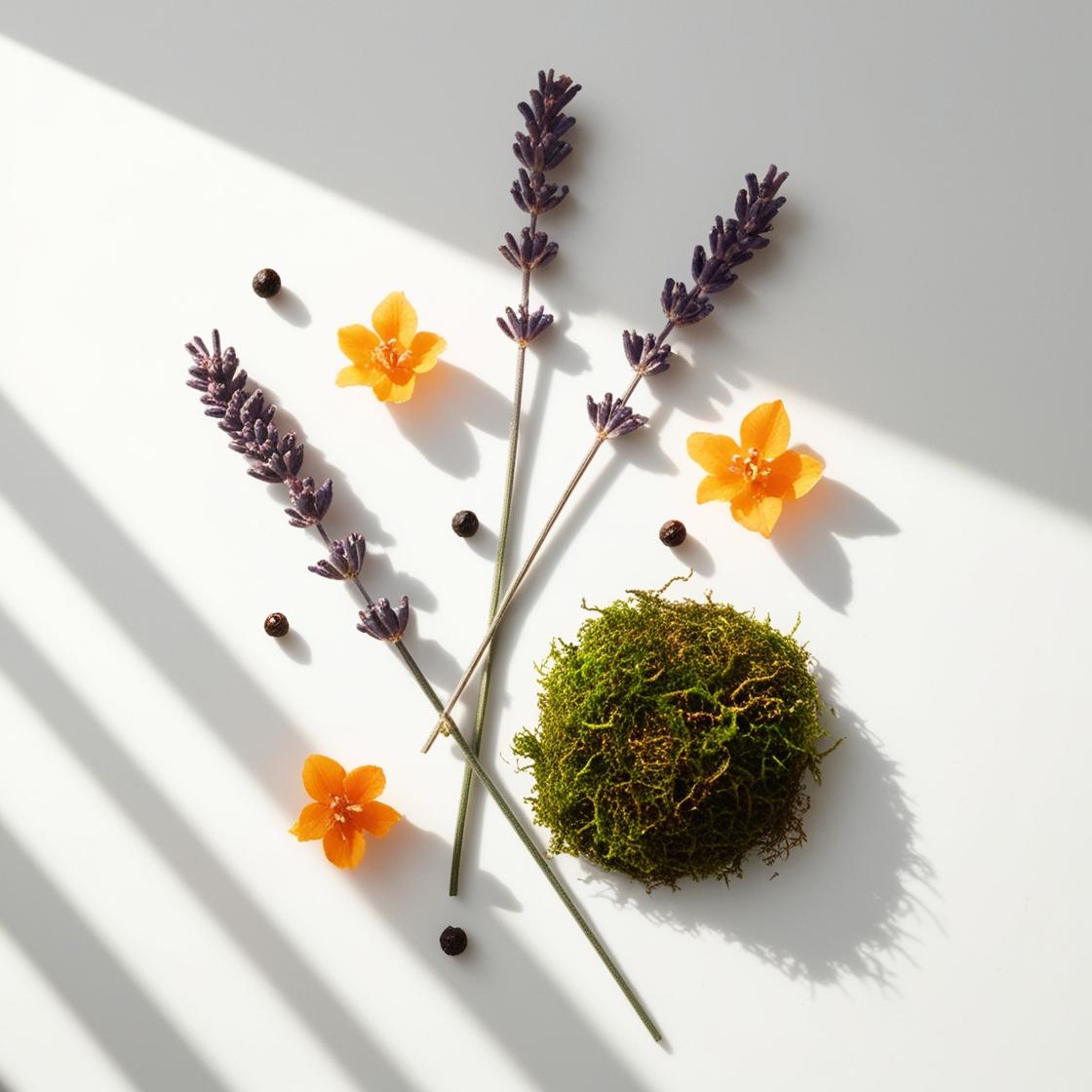 Lavender, moss and orange blossom representing the olfactory notes of the perfume.