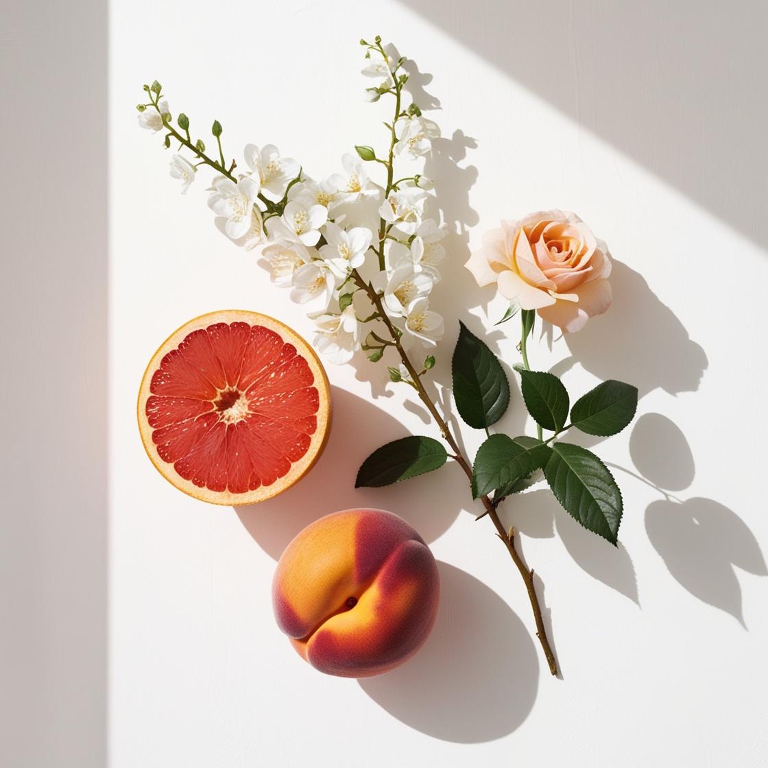 Grapefruit, peach, jasmine and rose represent the olfactory notes of the perfume.