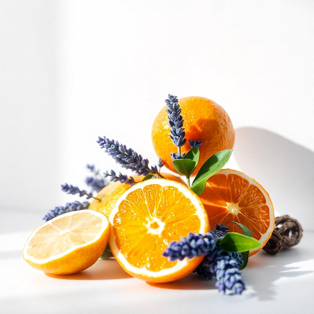 Orange and lavender represent the olfactory notes of the perfume.