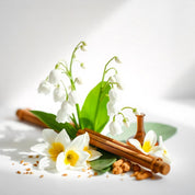 Lily, incense and cedar representing the olfactory notes of the perfume.