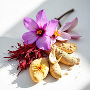 Saffron, violet and wood represent the olfactory notes of the perfume.