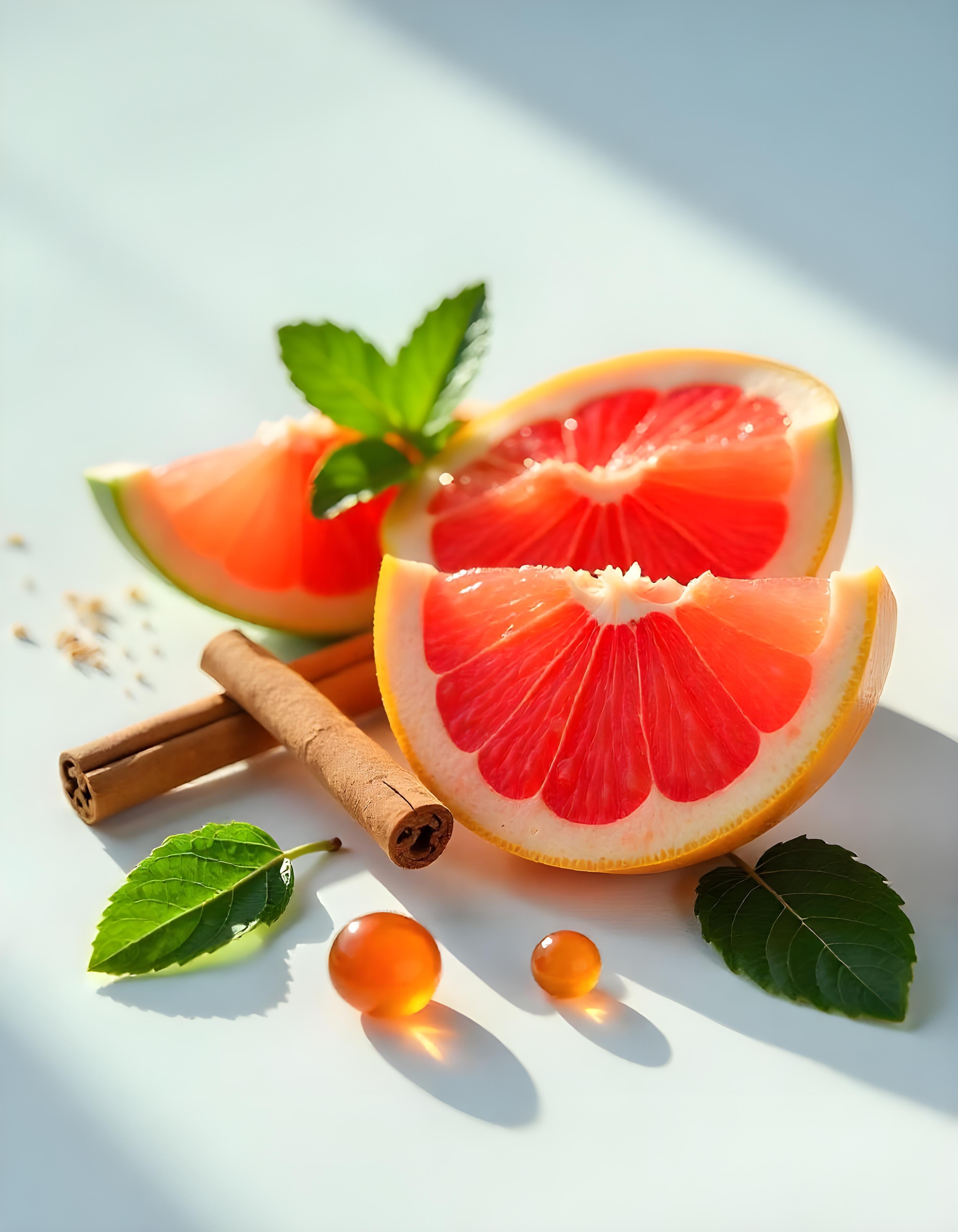 Grapefruit, mint and cinnamon represent the olfactory notes of the perfume.