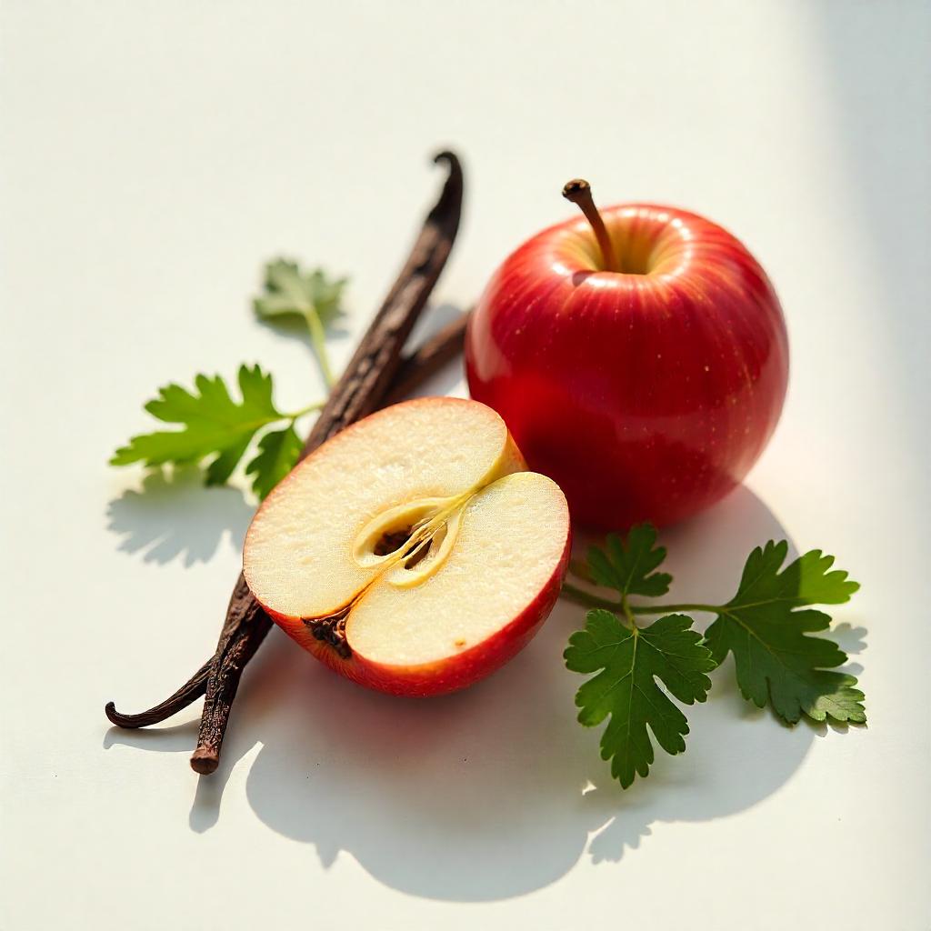 Apple and vanilla representing the olfactory notes of the perfume.