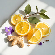 Lemon, ginger and violet leaves represent the olfactory notes of the perfume.