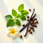 Mint, coffee beans and jasmine represent the olfactory notes of the perfume.