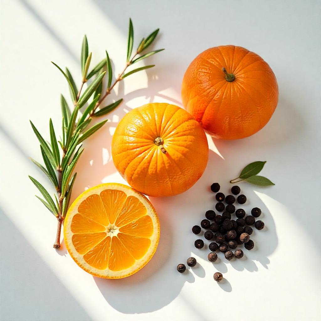 Mandarin and rosemary representing the olfactory notes of the perfume.