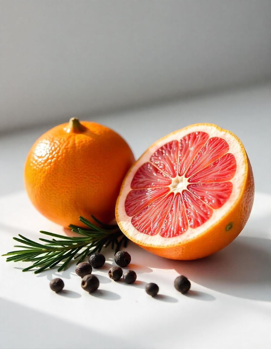 Orange and grapefruit represent the olfactory notes of the perfume.