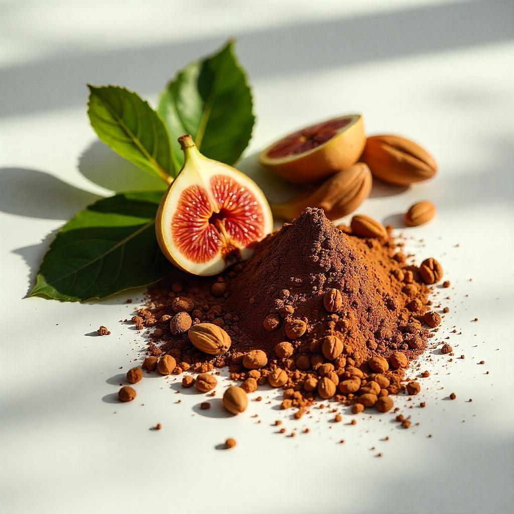 Fig leaves and cocoa representing the olfactory notes of the perfume.