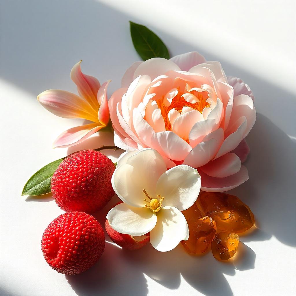 Peony, amber and lychee represent the olfactory notes of the perfume.