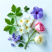 Violet leaves, gardenia and rose representing the olfactory notes of the perfume.