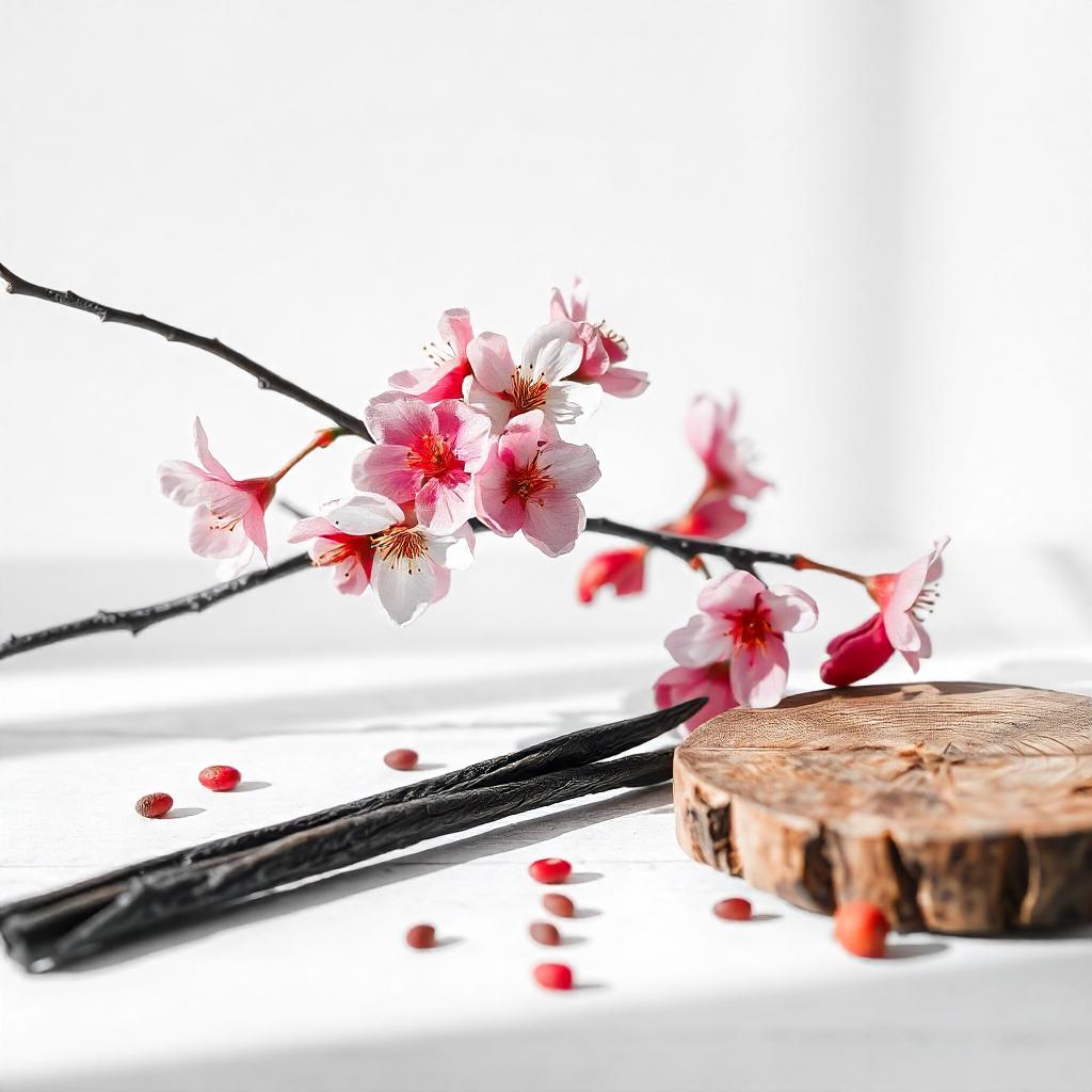 Cherry blossom and wood representing the olfactory notes of the perfume.