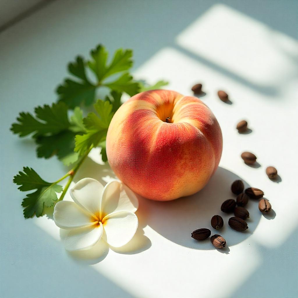 Peach and gardenia representing the olfactory notes of the perfume.