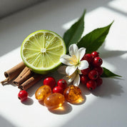 Lime, amber and red berries represent the olfactory notes of the perfume.