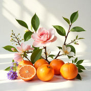 Mandarin, violet and rose represent the olfactory notes of the perfume.