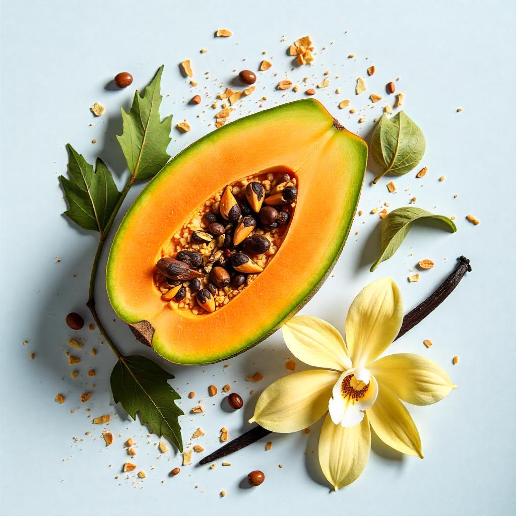 Papaya and vanilla represent the olfactory notes of the perfume.