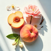 Peach, marigold and jasmine represent the olfactory notes of the perfume.