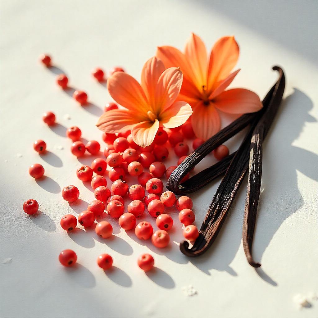 Pink pepper, orange blossom and vanilla represent the olfactory notes of the perfume.