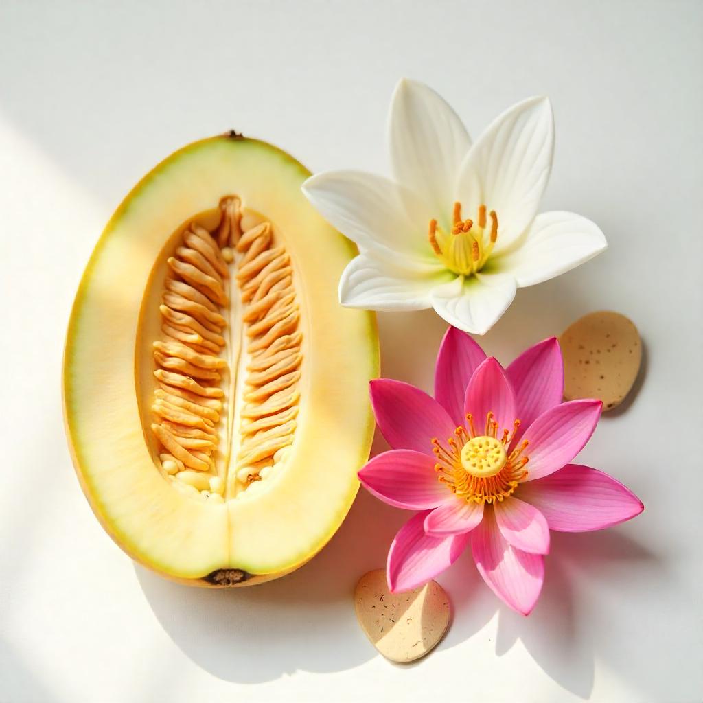 Melon, lotus flower, cedar and lily represent the olfactory notes of the perfume.