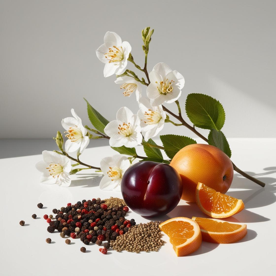 Plum, mandarin and lily represent the olfactory notes of the perfume.