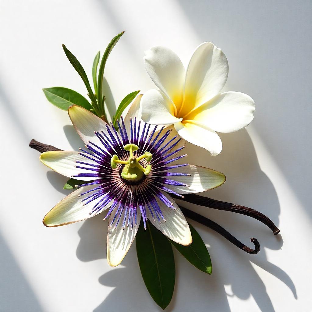 Passion flower and jasmine represent the olfactory notes of the perfume.