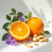 Orange and violet leaves represent the olfactory notes of the perfume.