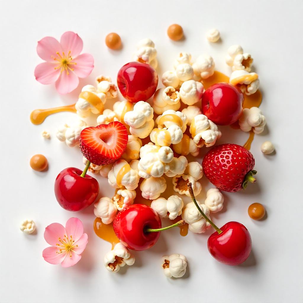 Popcorn, cherry and strawberry representing the olfactory notes of the perfume.