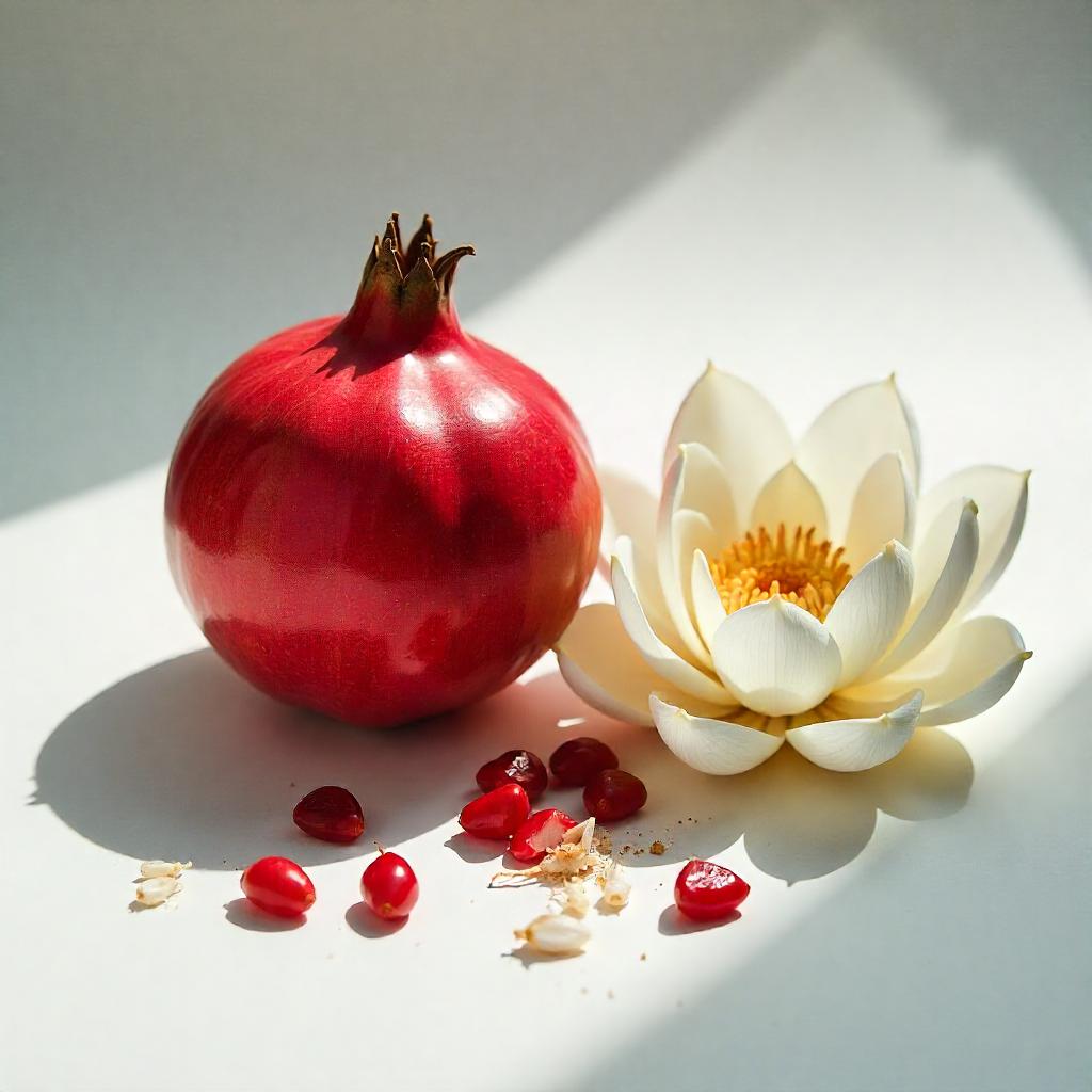 Pomegranate and lotus flower represent the olfactory notes of the perfume.