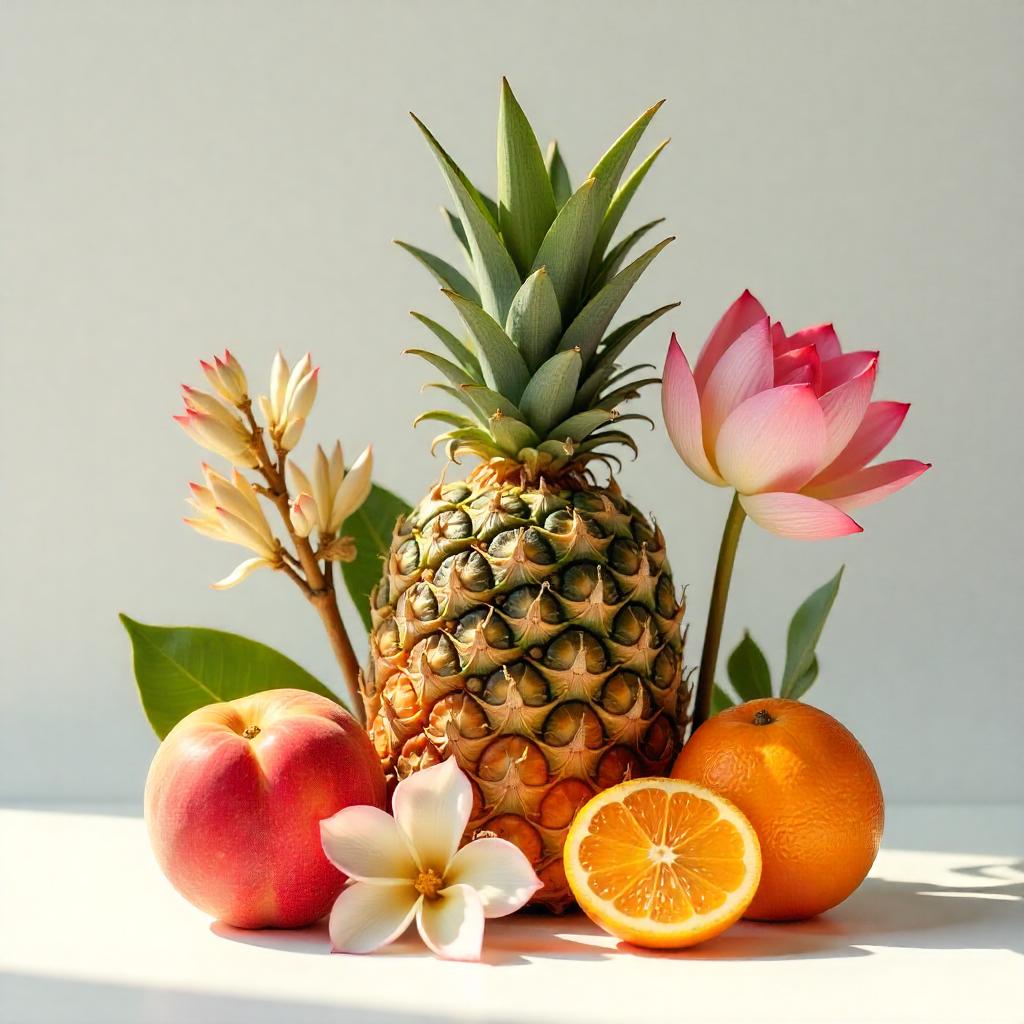 Pineapple, mandarin, lotus flower and rose represent the olfactory notes of the perfume.