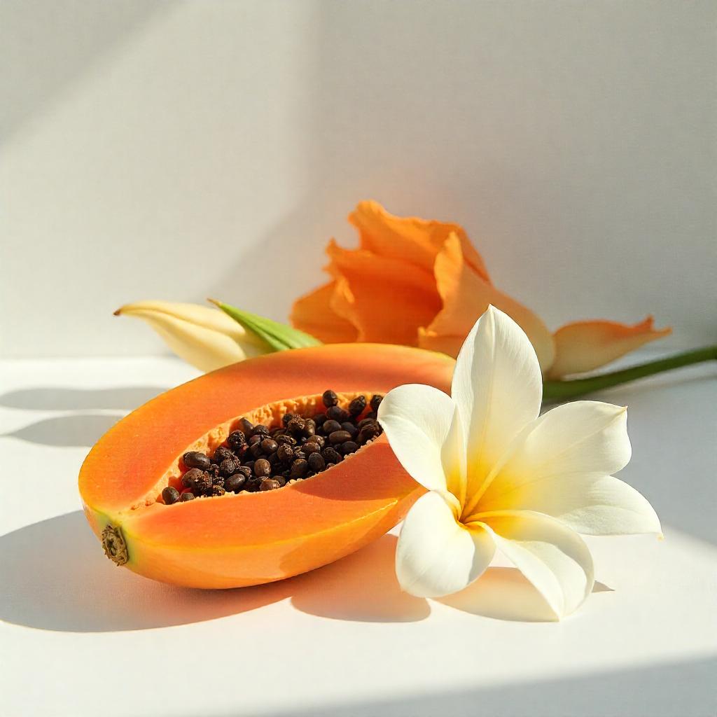 Half papaya and neroli flower representing the olfactory notes of the perfume.