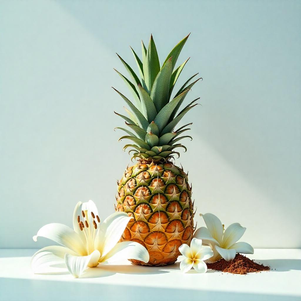 Pineapple with jasmine around it representing the olfactory notes of the perfume.