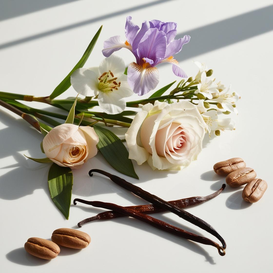 Roses, tonka bean and vanilla represent the olfactory notes of the perfume.