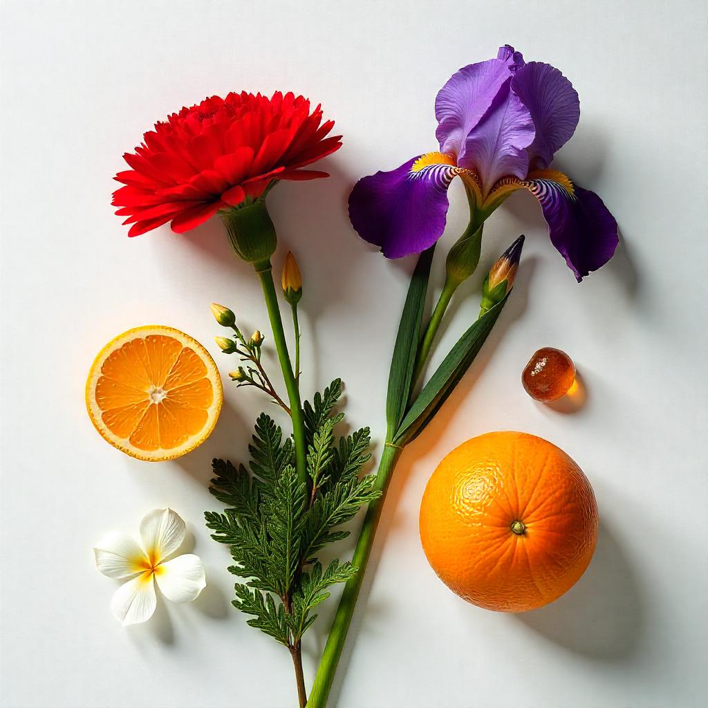 Oranges, a carnation and an iris representing the olfactory notes of the perfume.