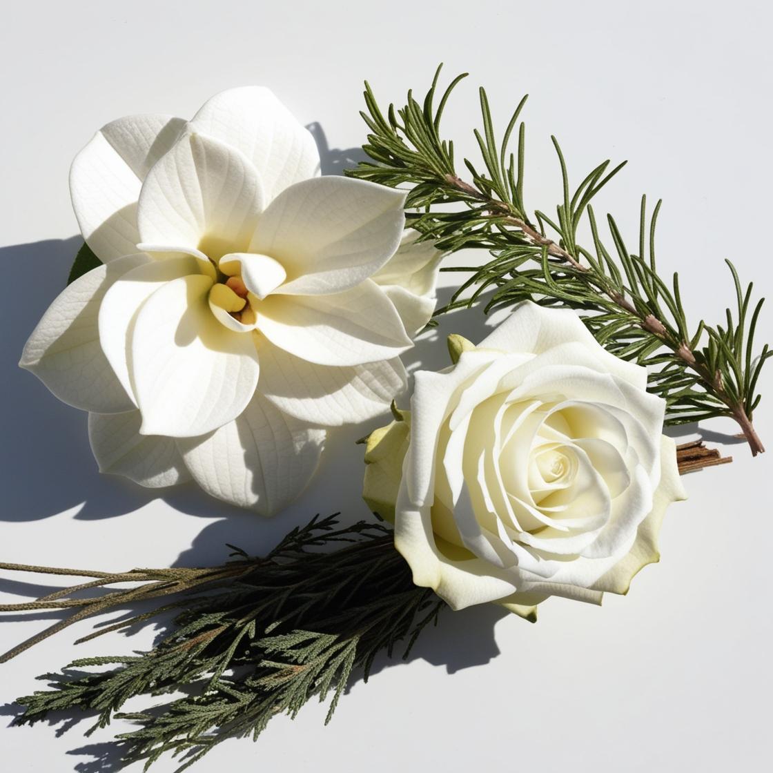 A gardenia and a white rose surrounded by cedar leaves represent the olfactory notes of the perfume.