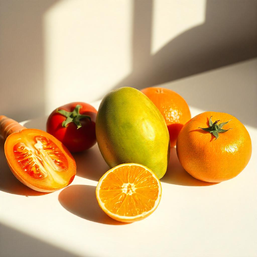 A carrot, a mango, a tomato, a grapefruit, oranges and a green mango represent the olfactory notes of the perfume.