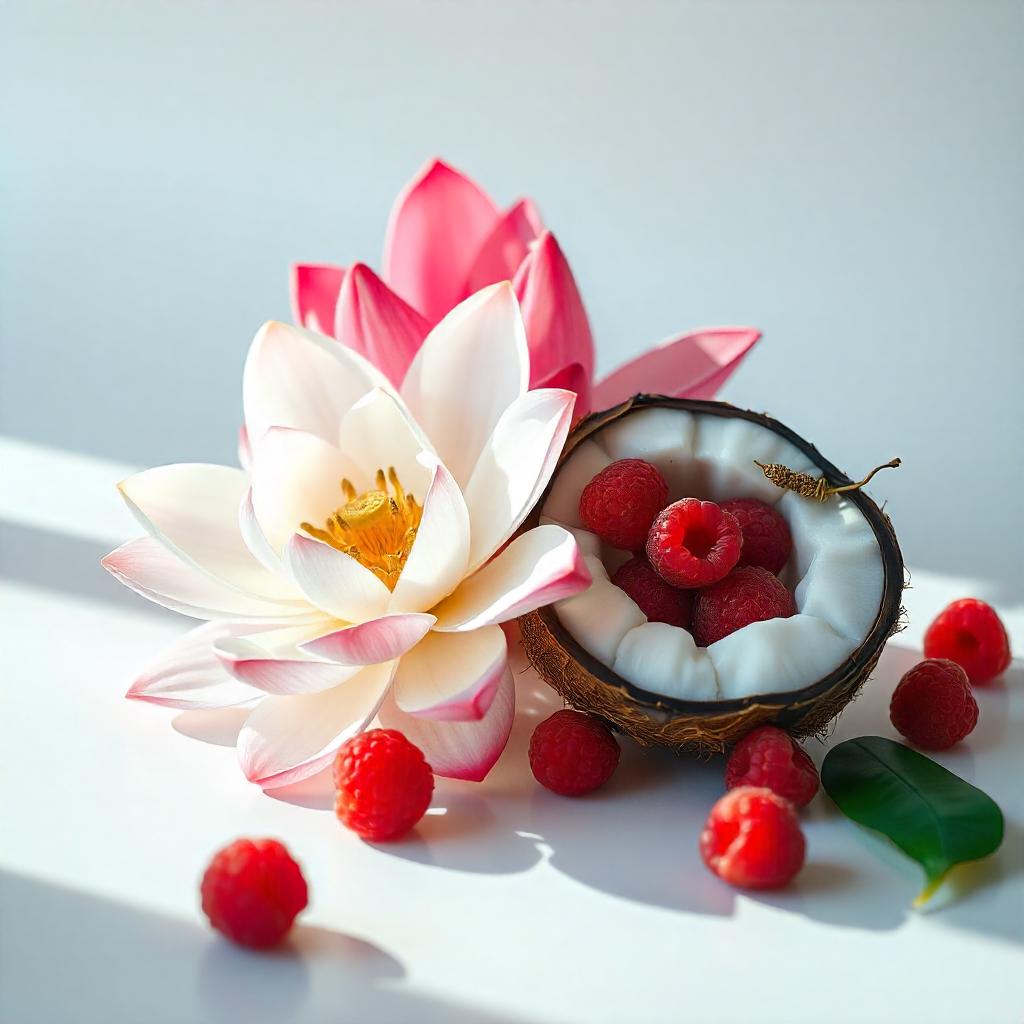 A lotus flower and a raspberry-filled coconut represent the olfactory notes of the perfume.