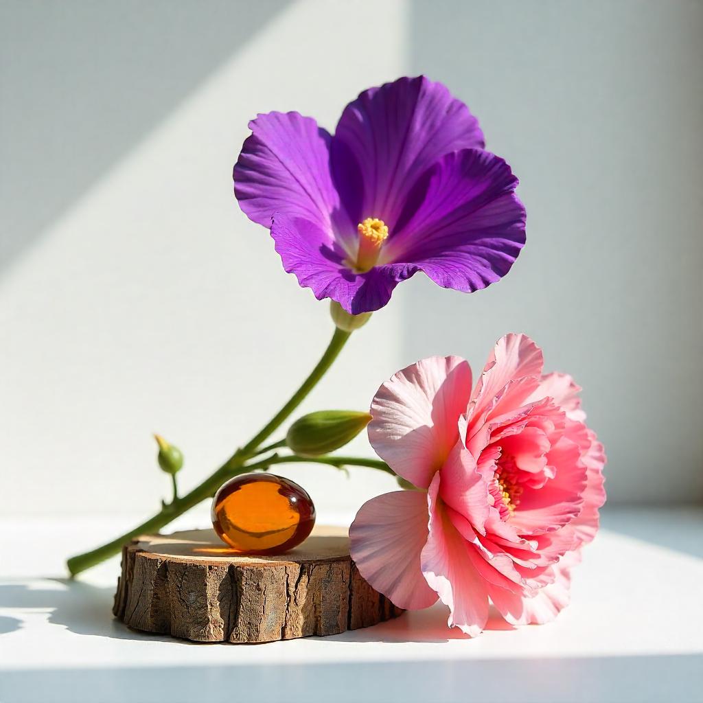 Orange blossom blossom and a carnation on a piece of wood representing the olfactory notes of the perfume.