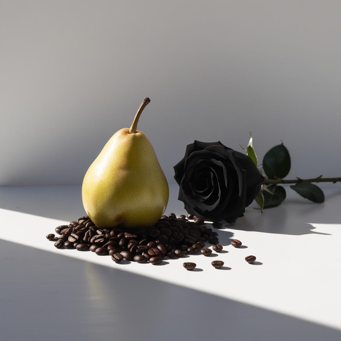 A black rose and a pear on coffee beans represent the olfactory notes of the perfume.