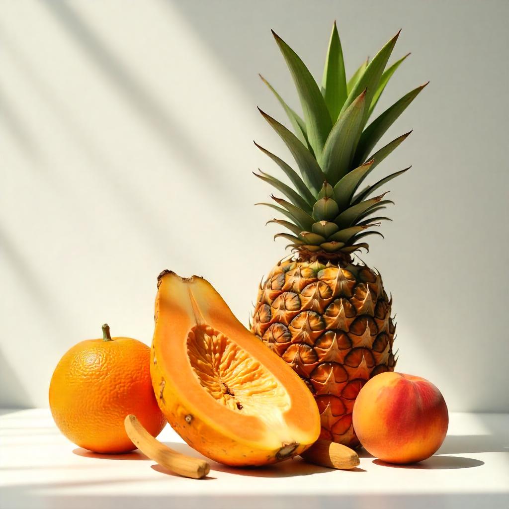 A pineapple, an orange, a peach and half a papaya represent the olfactory notes of the perfume.