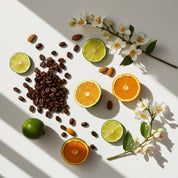 Green lemon, jasmine, almond and coffee beans represent the olfactory notes of the perfume.