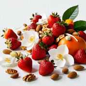 Orange blossom blossom and strawberries surrounded by dried fruits representing the olfactory notes of the perfume.