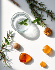 Glass with water and mint surrounded by cedar leaf representing the olfactory notes of the perfume.