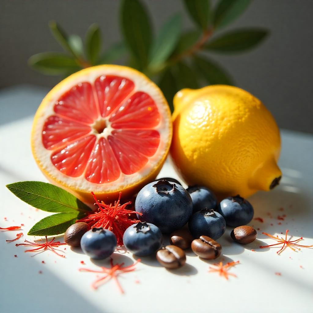 Grapefruit, blueberries and coffee beans represent the olfactory notes of the perfume.