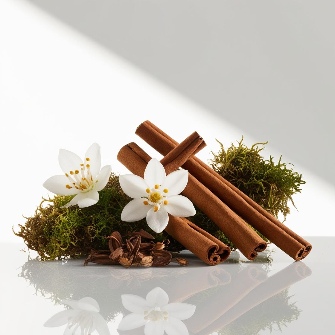 Cinnamon, lily root and moss represent the olfactory notes of the perfume.