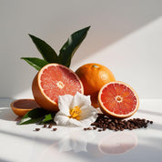 Orange, grapefruit, white quaba blossom and coffee beans represent the olfactory notes of the perfume.