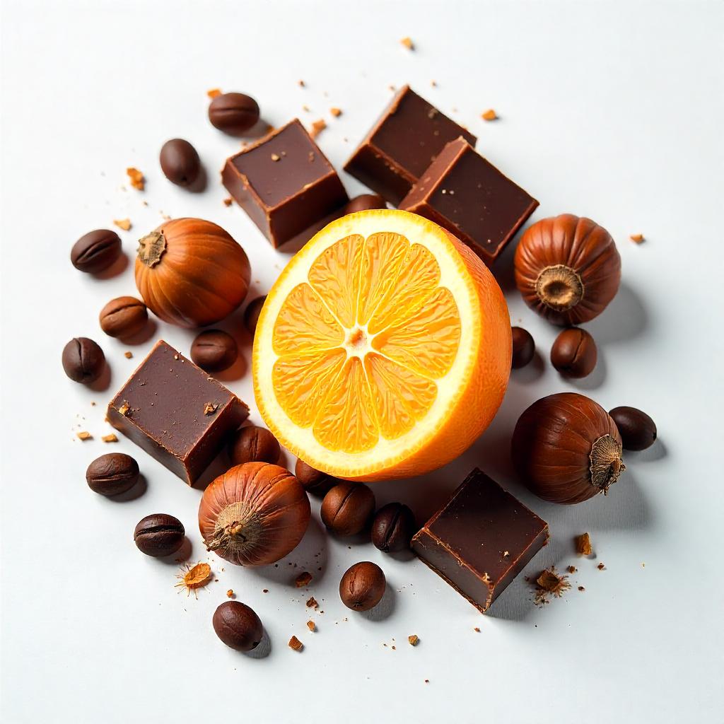 Orange, chocolate, hazelnut and coffee beans represent the olfactory notes of the perfume.