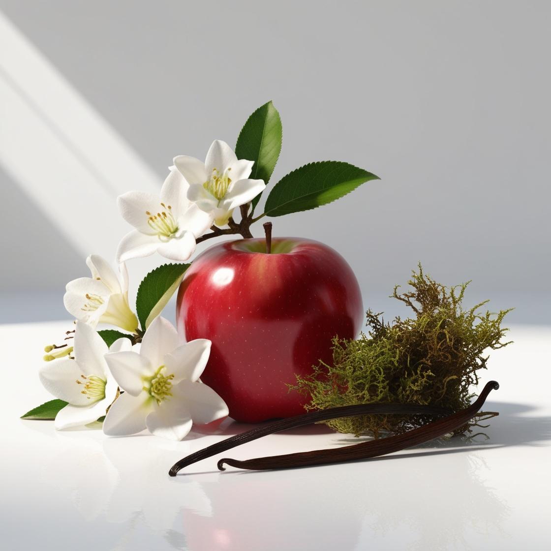 Apple, jasmine and moss represent the olfactory notes of the perfume.