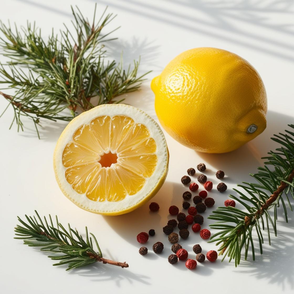 Lemon, pine needle and pepper represent the olfactory notes of the perfume.