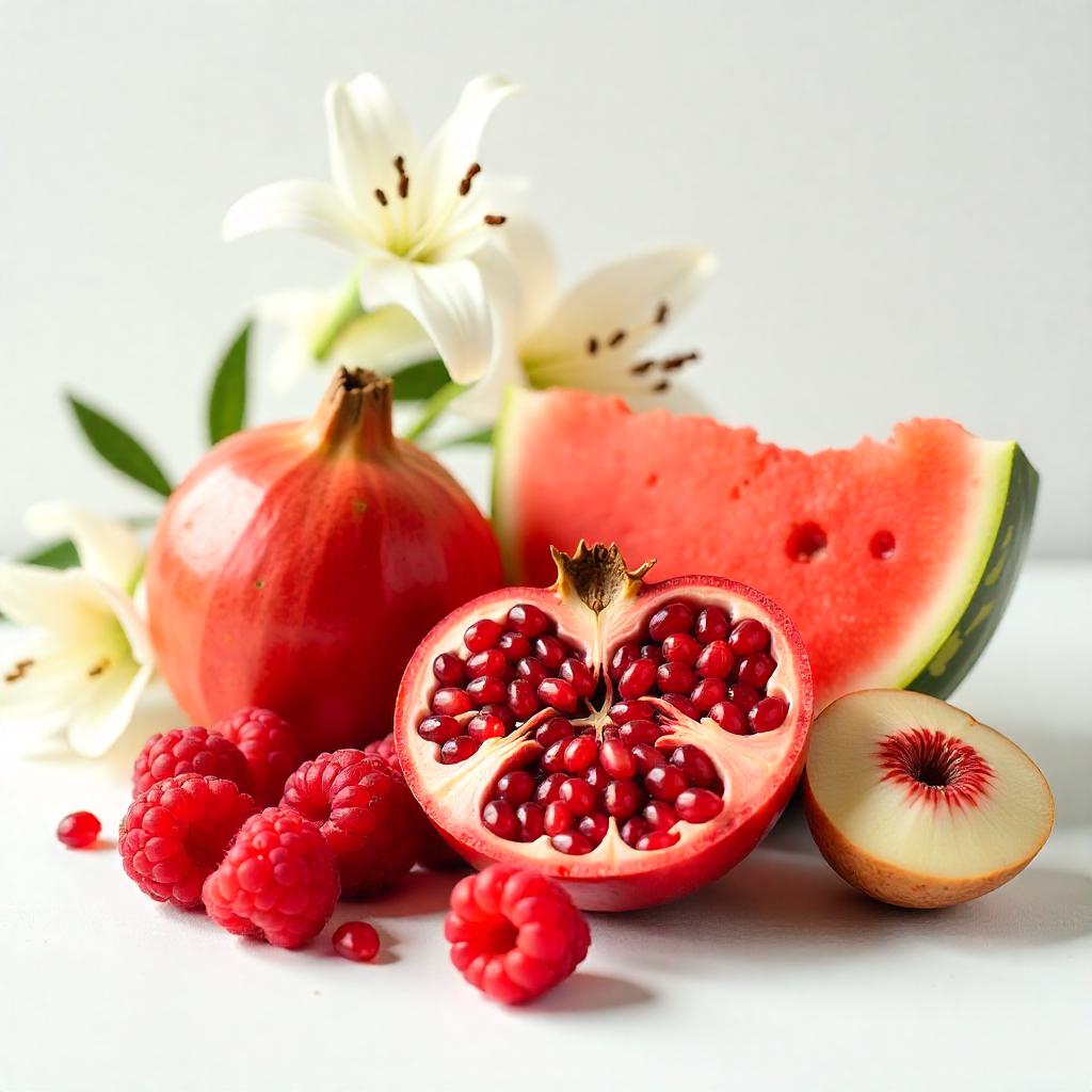 Pomegranate, plum, jasmine, watermelon and raspberry represent the olfactory notes of the perfume.