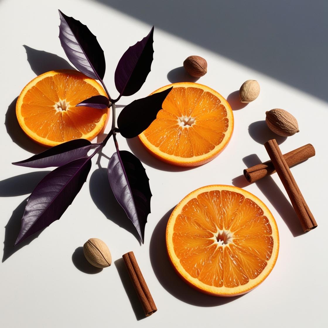 Orange and cinnamon represent the olfactory notes of the perfume.